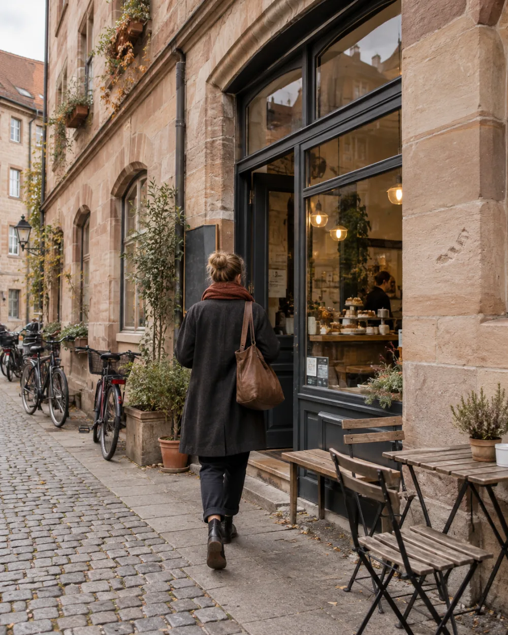Eine Person kommt an einem unabhängigen Café in Nürnberg an