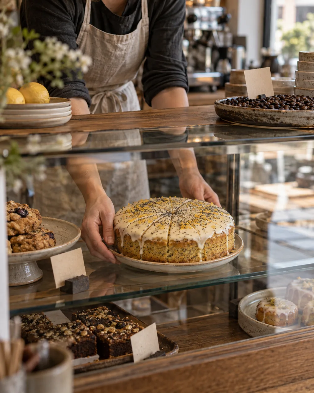 Frischer Zitronen-Mohn-Kuchen kommt in die Kuchentheke