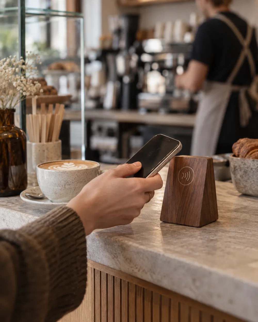 Ein iPhone wird an ein hölzernes NFC-Schild gehalten